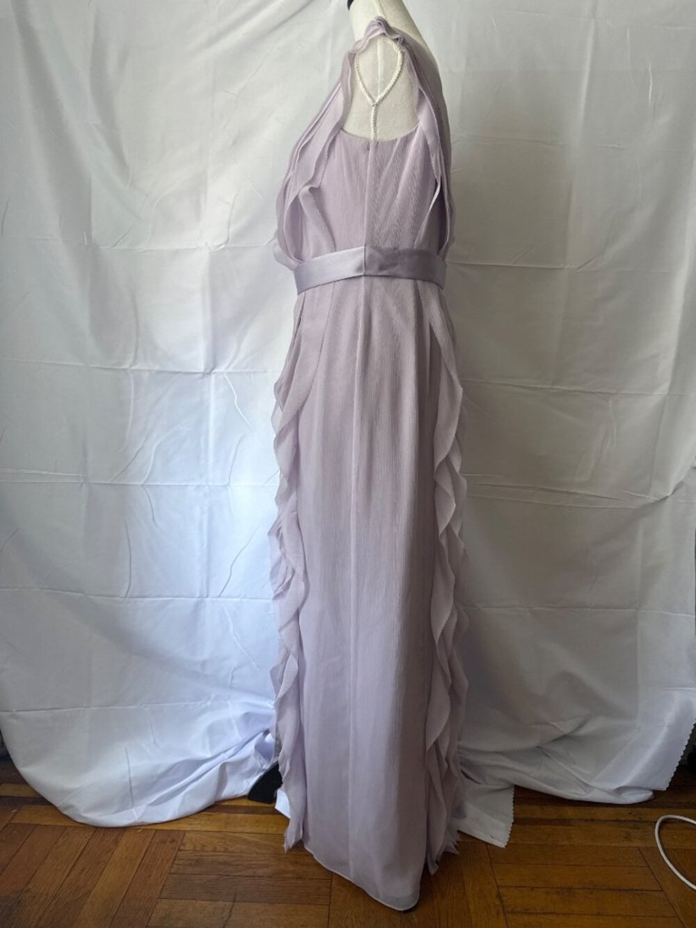 Lavender Ruffled One-Shoulder Flowing Chiffon Cascading Ruffle Front Dress - Picture 10 of 16